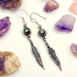 NIB Sterling Silver Abalone Feather Long Earrings